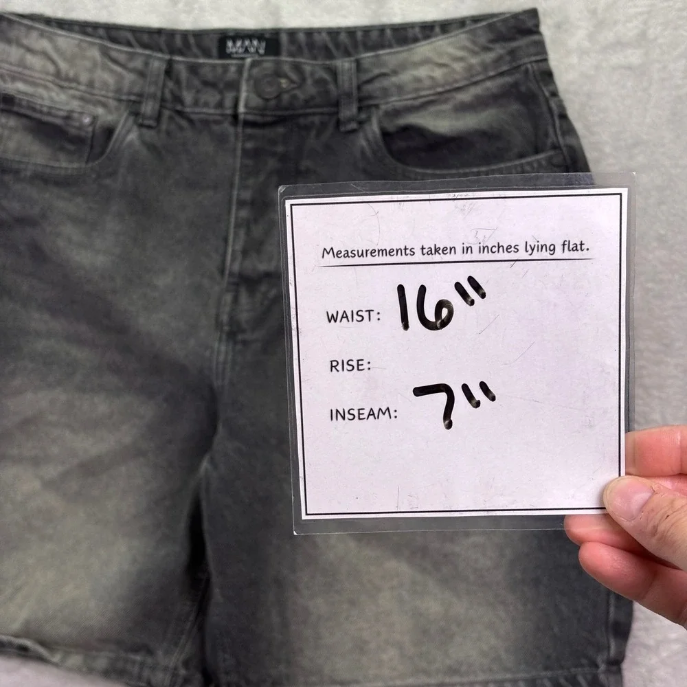 boohooMAN Mens Denim Shorts Sz 32 Grey Black Acid Wash Button Fly Streetwear